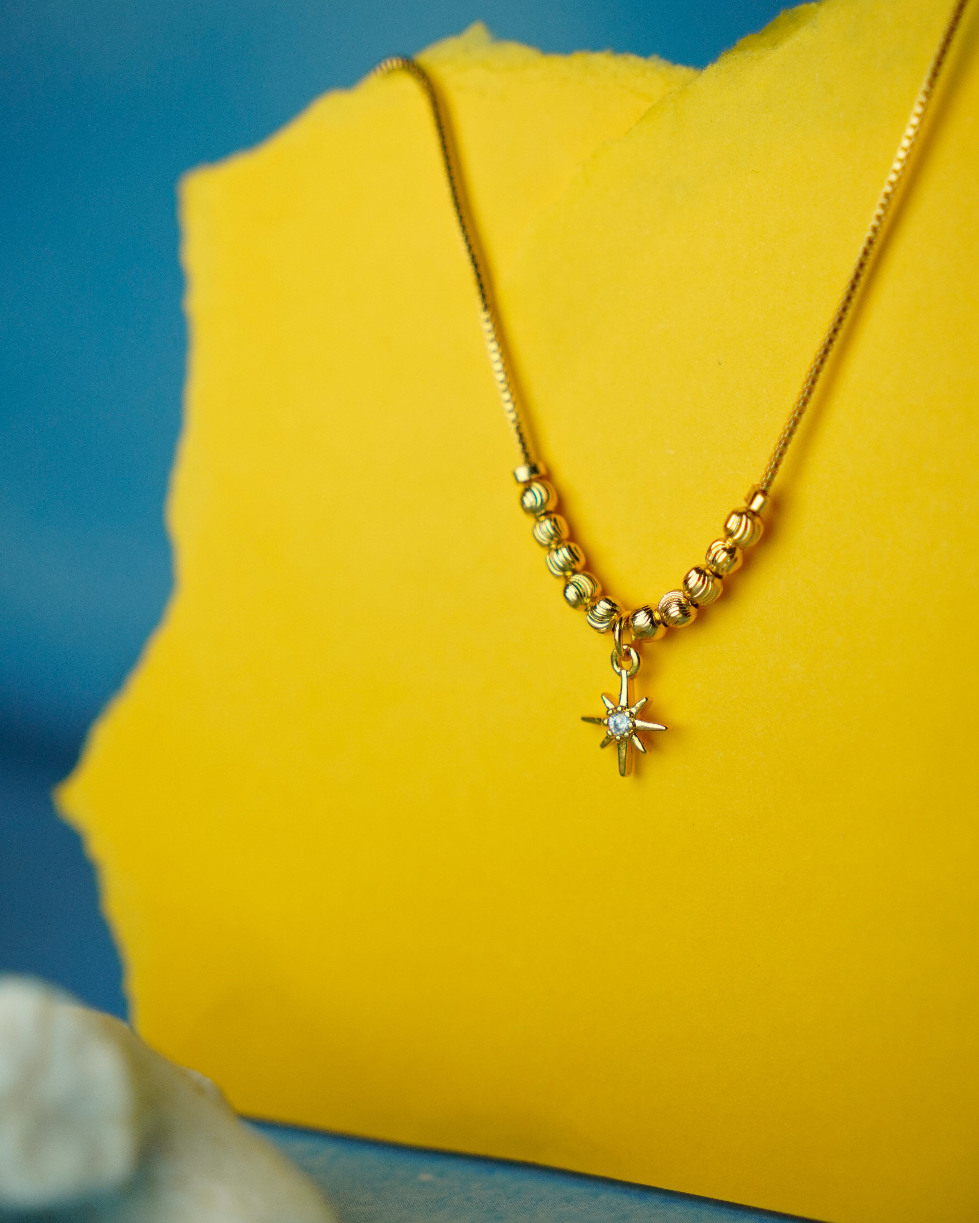 FLORA-Anti-Tarnish Gold Finish Star Charm Pendant Necklace | Minimal Beaded Chain