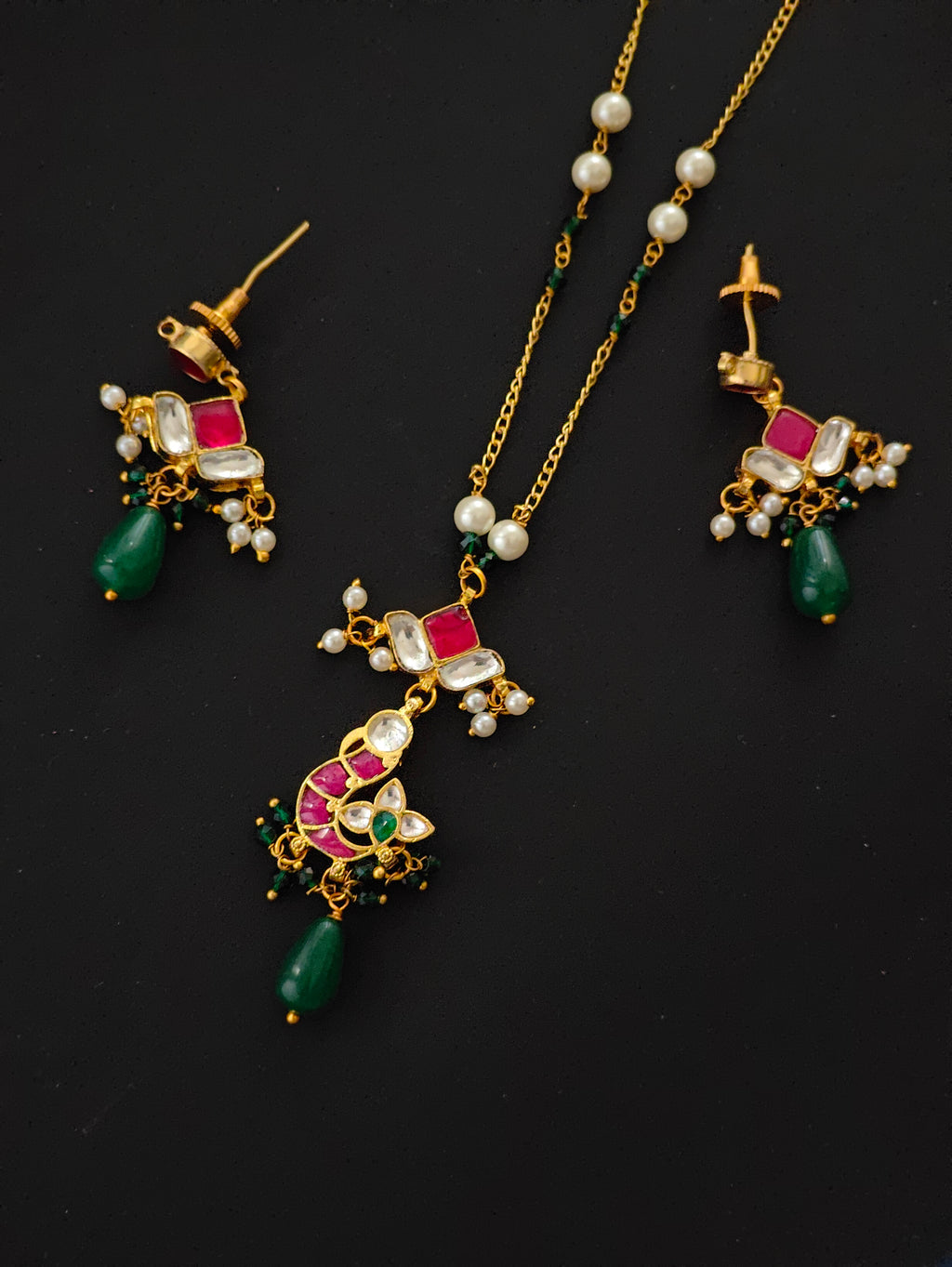 ZIKHIN-Long Multi Colour Jadau Kundan Necklace Set