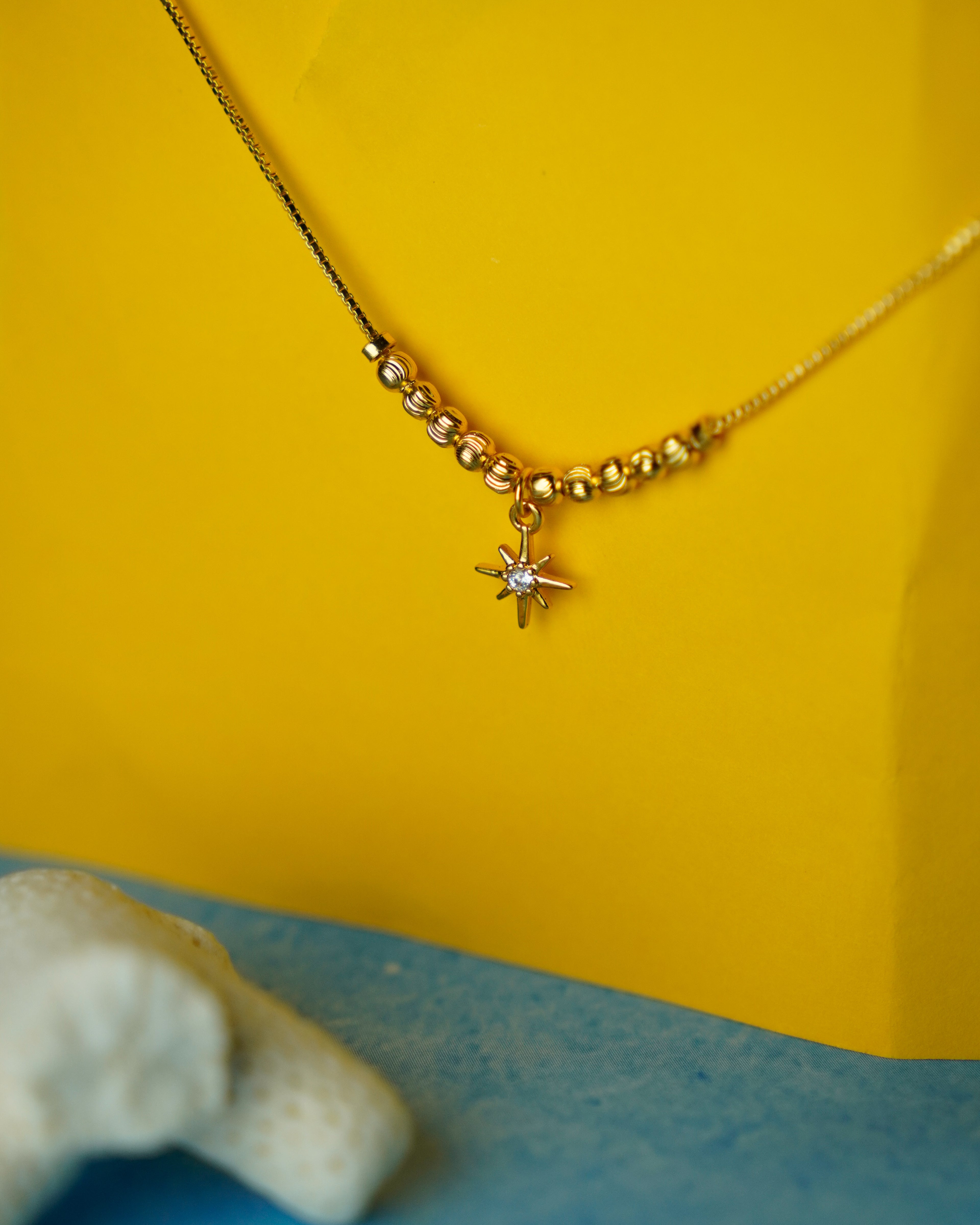 FLORA-Anti-Tarnish Gold Finish Star Charm Pendant Necklace | Minimal Beaded Chain