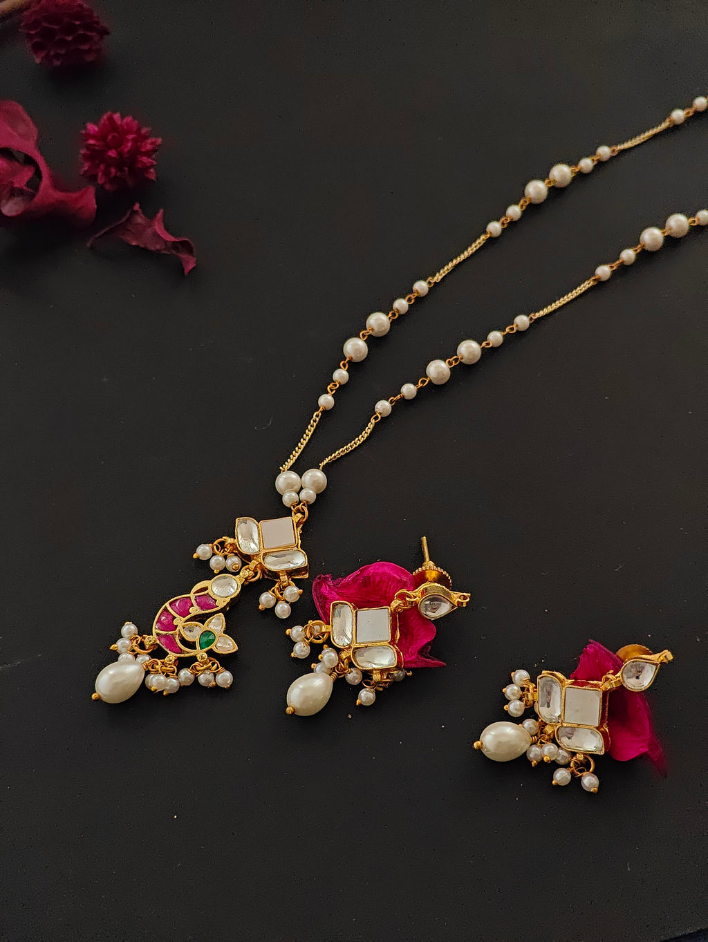ZIKHIN-Long Multi Colour Jadau Kundan Necklace Set