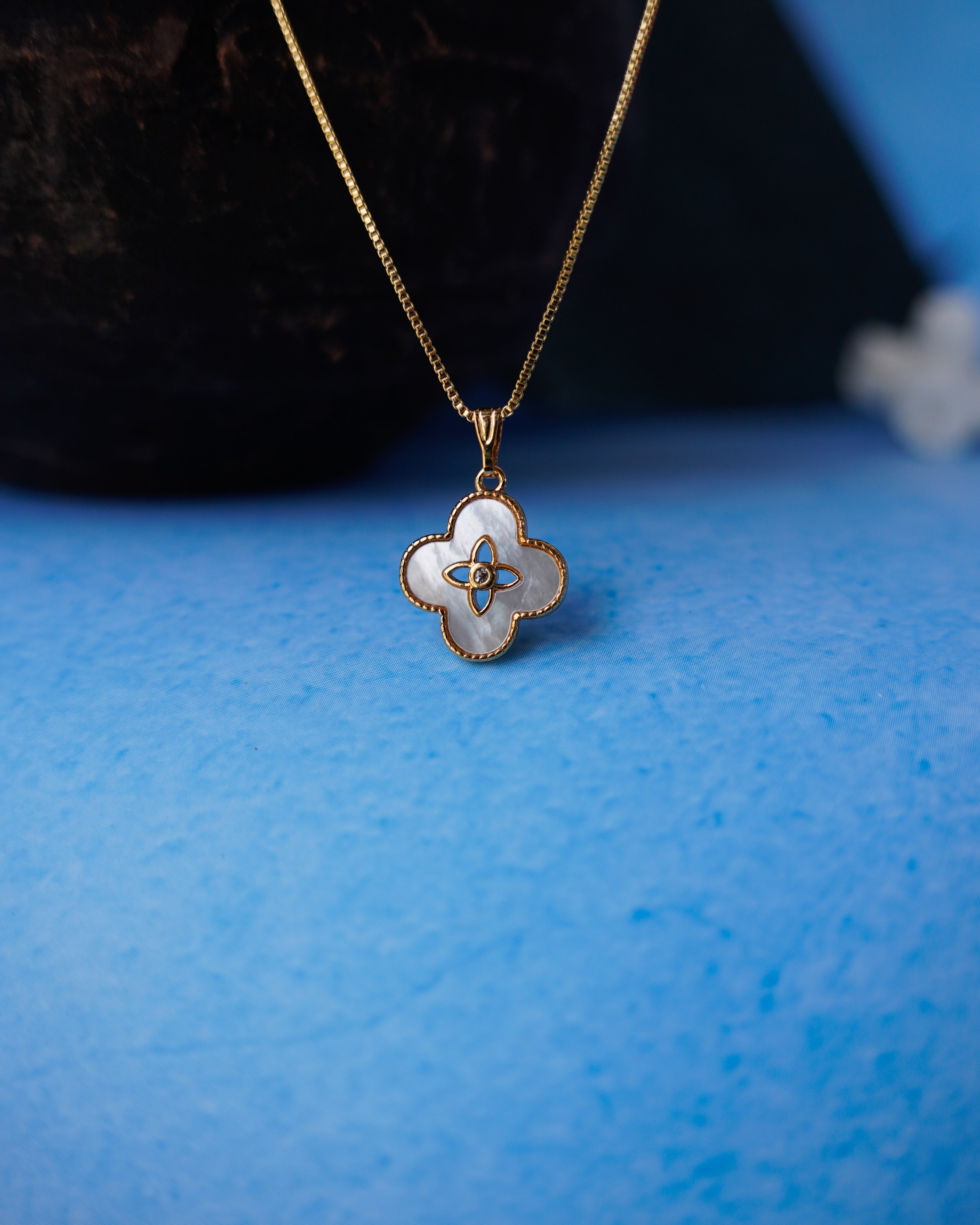 FLORA- Anti-Tarnish Gold Finish Clover Pendant Necklace with Mother of Pearl Detail
