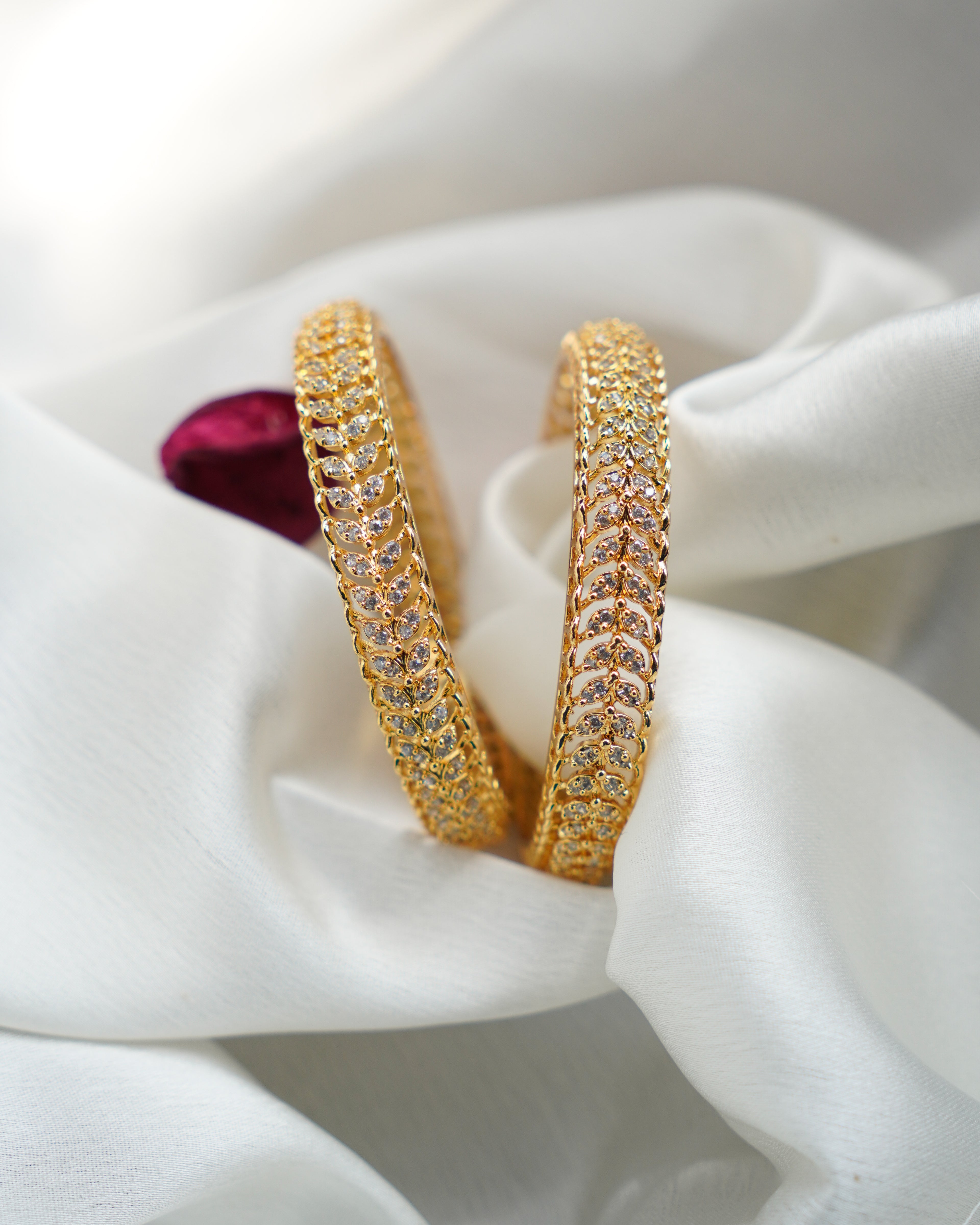 ORO- Leaf  Pattern American Diamond Studded Bangle